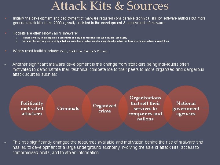 Attack Kits & Sources • Initially the development and deployment of malware required considerable