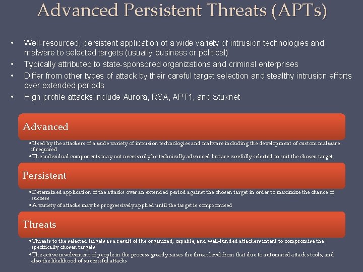 Advanced Persistent Threats (APTs) • • Well-resourced, persistent application of a wide variety of