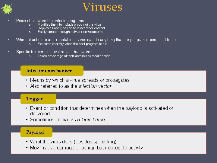 Viruses • Piece of software that infects programs • When attached to an executable,