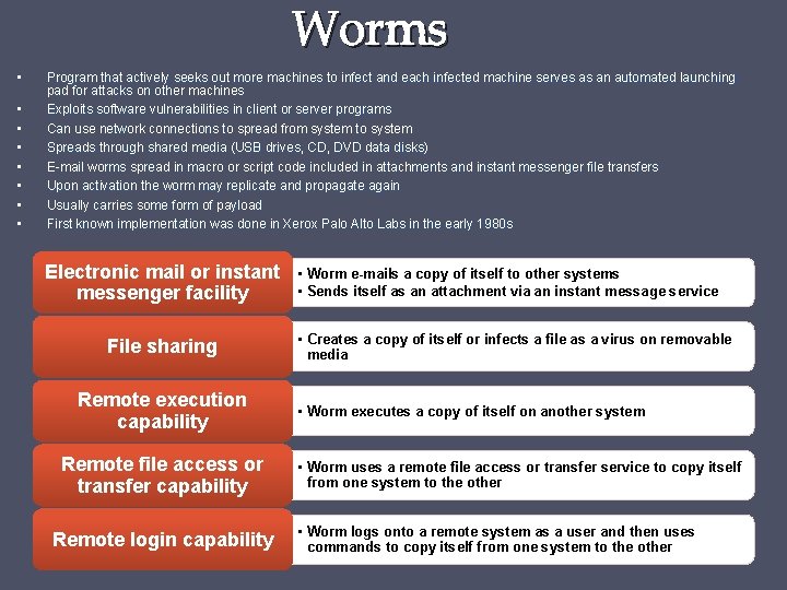 Worms • • Program that actively seeks out more machines to infect and each