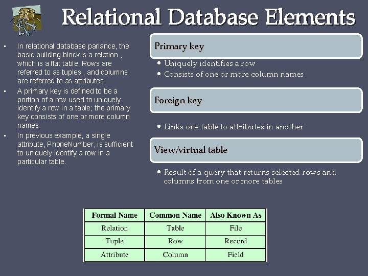 Relational Database Elements • • • In relational database parlance, the basic building block