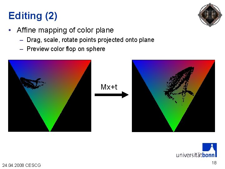 Editing (2) • Affine mapping of color plane – Drag, scale, rotate points projected