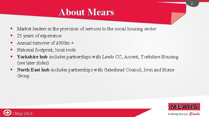 2 About Mears § § § Market leaders in the provision of services to