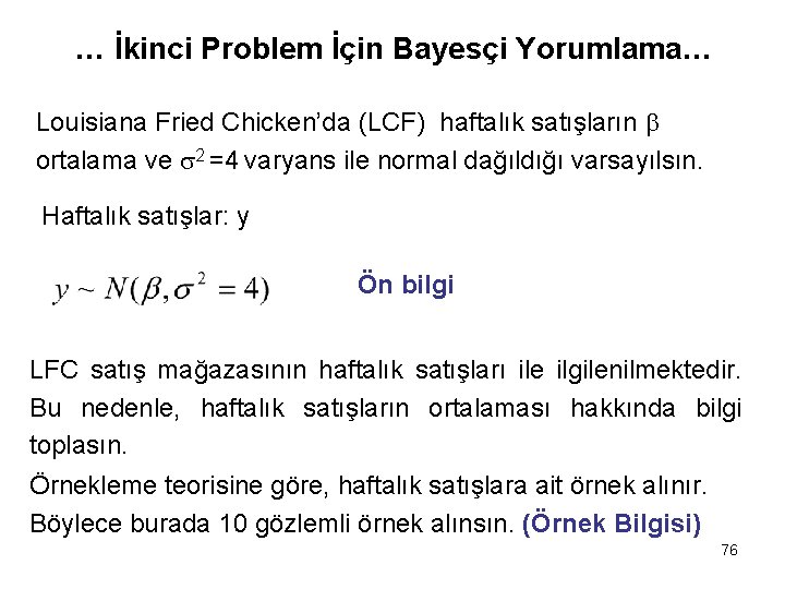 … İkinci Problem İçin Bayesçi Yorumlama… Louisiana Fried Chicken’da (LCF) haftalık satışların ortalama ve