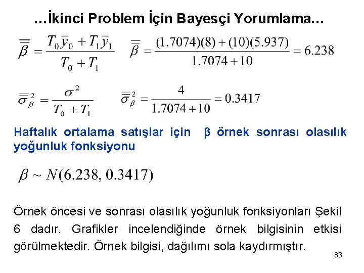 …İkinci Problem İçin Bayesçi Yorumlama… Haftalık ortalama satışlar için yoğunluk fonksiyonu örnek sonrası olasılık