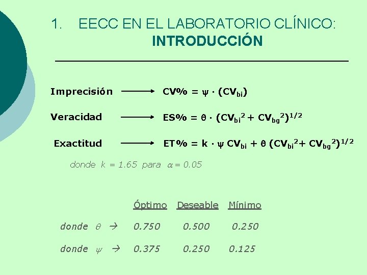1. EECC EN EL LABORATORIO CLÍNICO: INTRODUCCIÓN Imprecisión CV% = y · (CVbi) Veracidad