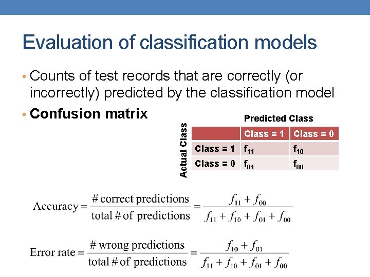 Evaluation of classification models • Counts of test records that are correctly (or Actual