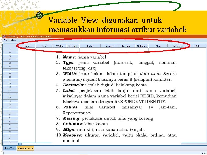 Variable View digunakan untuk memasukkan informasi atribut variabel: Variable View digunakan untuk memasukkan informasi atribut variabel: