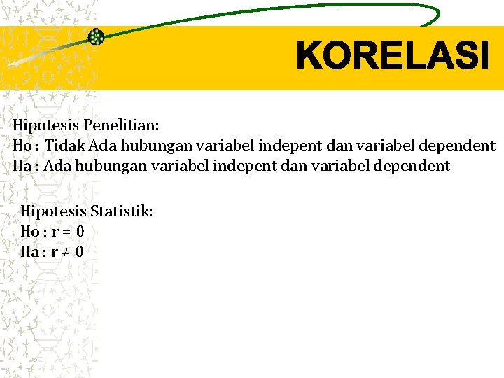 Hipotesis Penelitian: Ho : Tidak Ada hubungan variabel indepent dan variabel dependent Ha : Hipotesis Penelitian: Ho : Tidak Ada hubungan variabel indepent dan variabel dependent Ha :