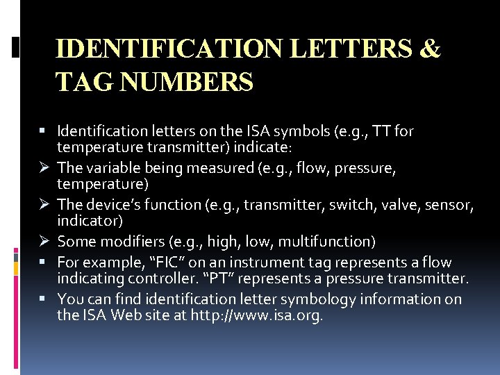 IDENTIFICATION LETTERS & TAG NUMBERS Identification letters on the ISA symbols (e. g. , IDENTIFICATION LETTERS & TAG NUMBERS Identification letters on the ISA symbols (e. g. ,