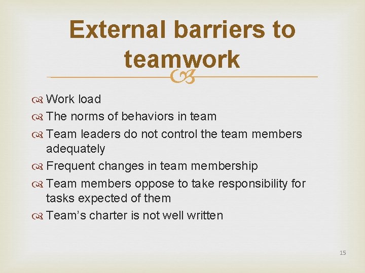 External barriers to teamwork Work load The norms of behaviors in team Team leaders