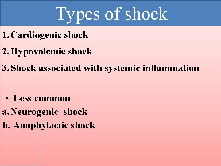 Types of shock 1. Cardiogenic shock 2. Hypovolemic shock 3. Shock associated with systemic