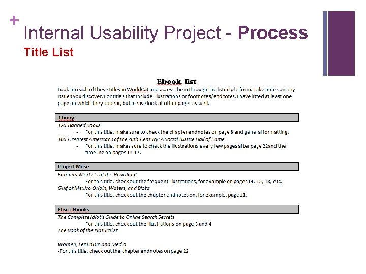 + Internal Usability Project - Process Title List 
