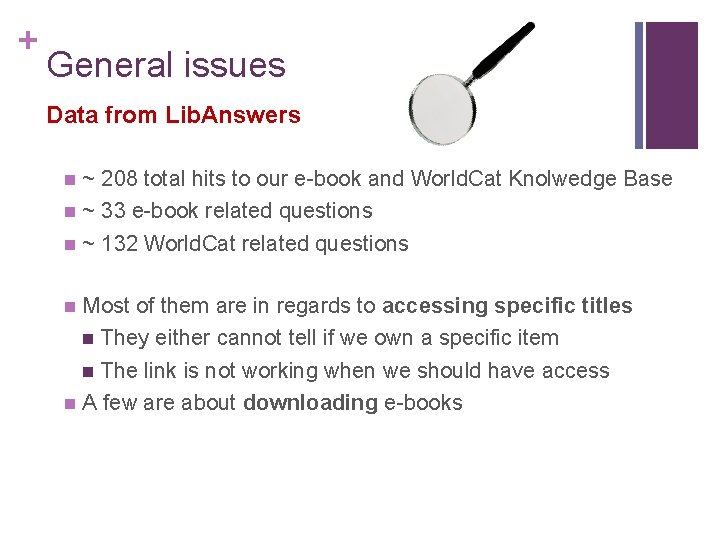 + General issues Data from Lib. Answers ~ 208 total hits to our e-book