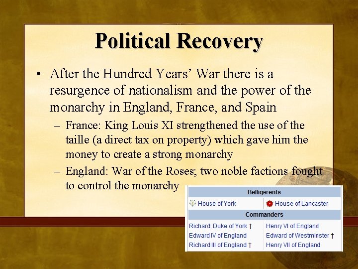 Political Recovery • After the Hundred Years’ War there is a resurgence of nationalism