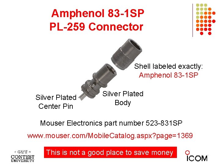Amphenol 83 -1 SP PL-259 Connector Shell labeled exactly: Amphenol 83 -1 SP Silver