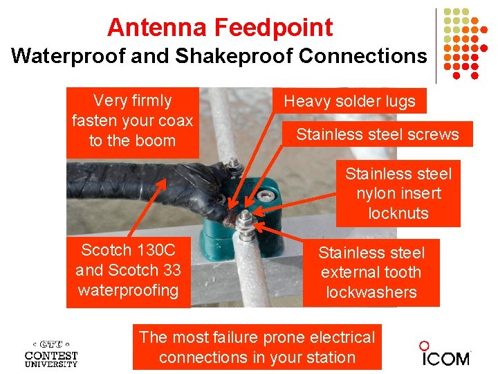 Antenna Feedpoint Waterproof and Shakeproof Connections Very firmly fasten your coax to the boom