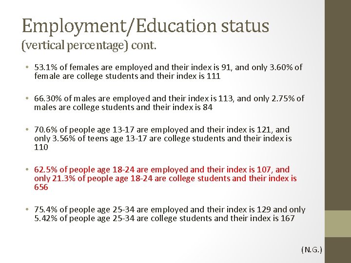 Employment/Education status (vertical percentage) cont. • 53. 1% of females are employed and their