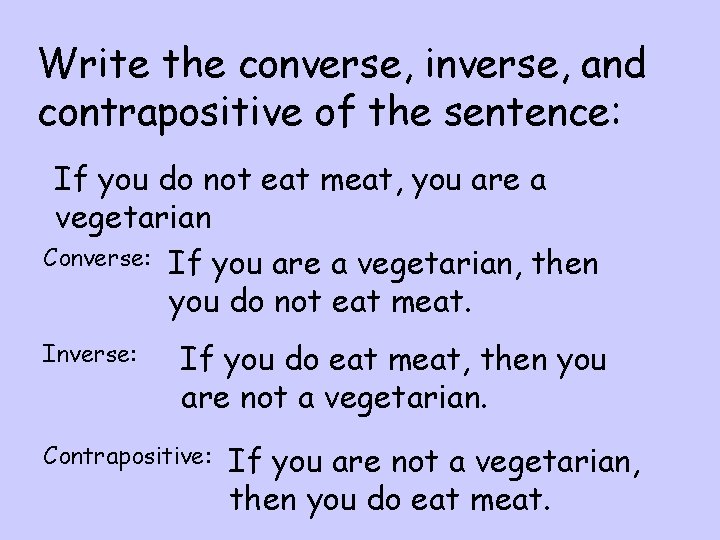 Write the converse, inverse, and contrapositive of the sentence: If you do not eat