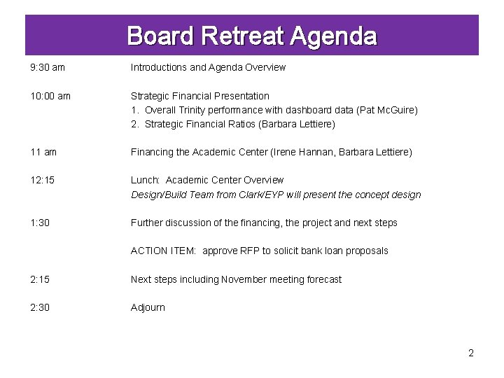 Board Retreat Agenda 9: 30 am 10: 00 am 11 am 12: 15 1: