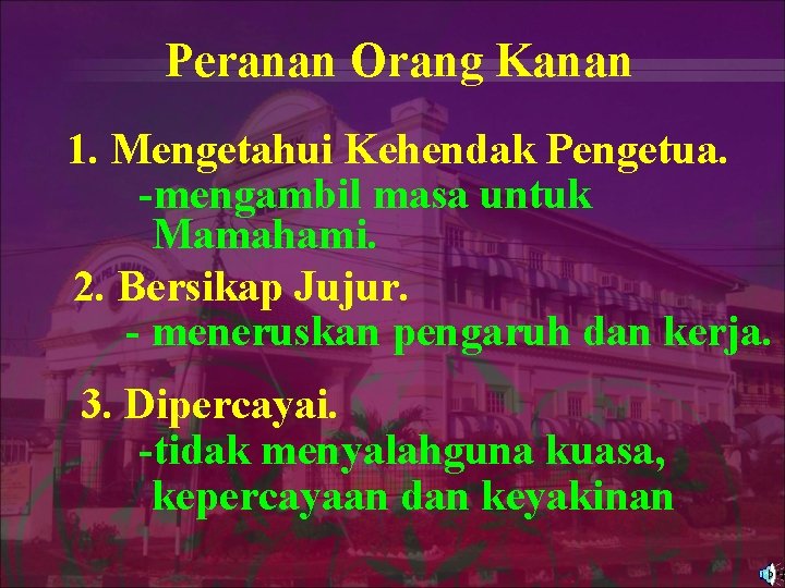 Peranan Orang Kanan 1. Mengetahui Kehendak Pengetua. -mengambil masa untuk Mamahami. 2. Bersikap Jujur.