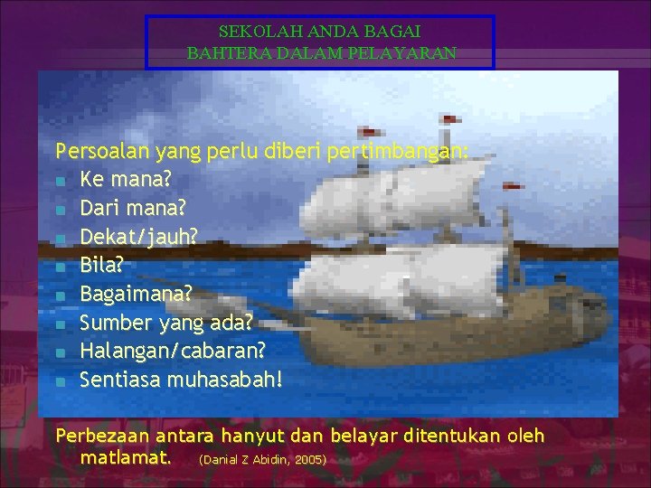 SEKOLAH ANDA BAGAI BAHTERA DALAM PELAYARAN Persoalan yang perlu diberi pertimbangan: n Ke mana?