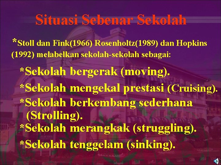 Situasi Sebenar Sekolah *Stoll dan Fink(1966) Rosenholtz(1989) dan Hopkins (1992) melabelkan sekolah-sekolah sebagai: *Sekolah