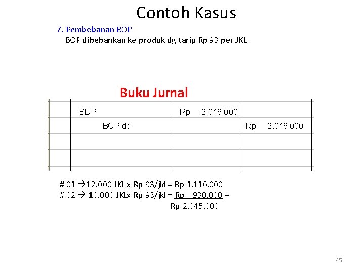 Contoh Kasus 7. Pembebanan BOP dibebankan ke produk dg tarip Rp 93 per JKL