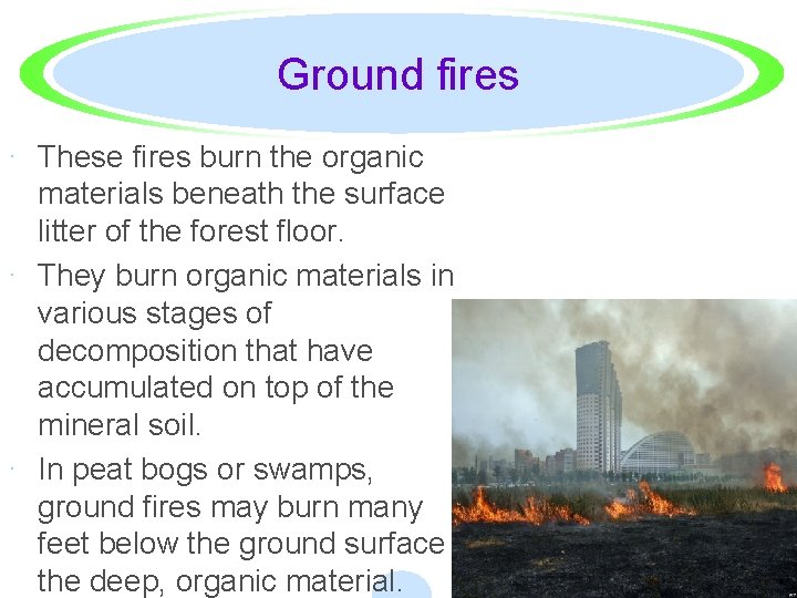 Ground fires · These fires burn the organic materials beneath the surface litter of