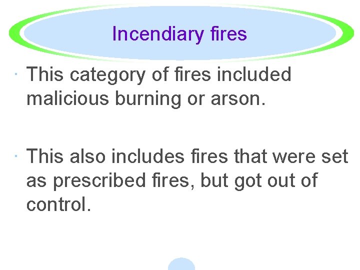 Incendiary fires · This category of fires included malicious burning or arson. · This