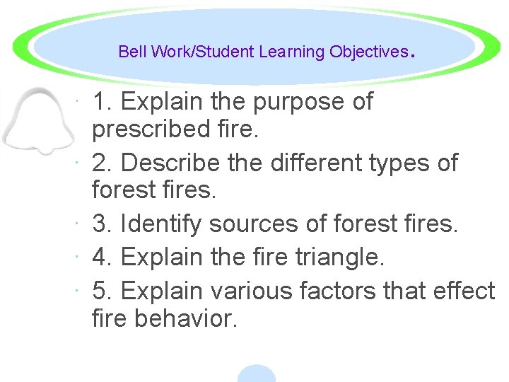 Bell Work/Student Learning Objectives . · 1. Explain the purpose of prescribed fire. ·