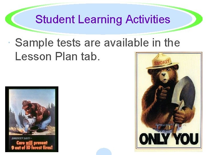 Student Learning Activities · Sample tests are available in the Lesson Plan tab. 