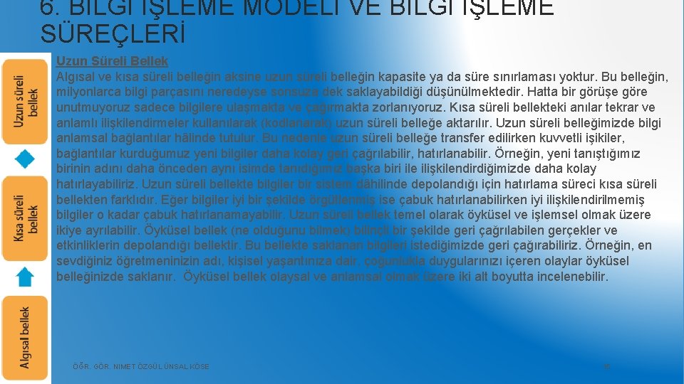 6. BİLGİ İŞLEME MODELİ VE BİLGİ İŞLEME SÜREÇLERİ Uzun Süreli Bellek Algısal ve kısa