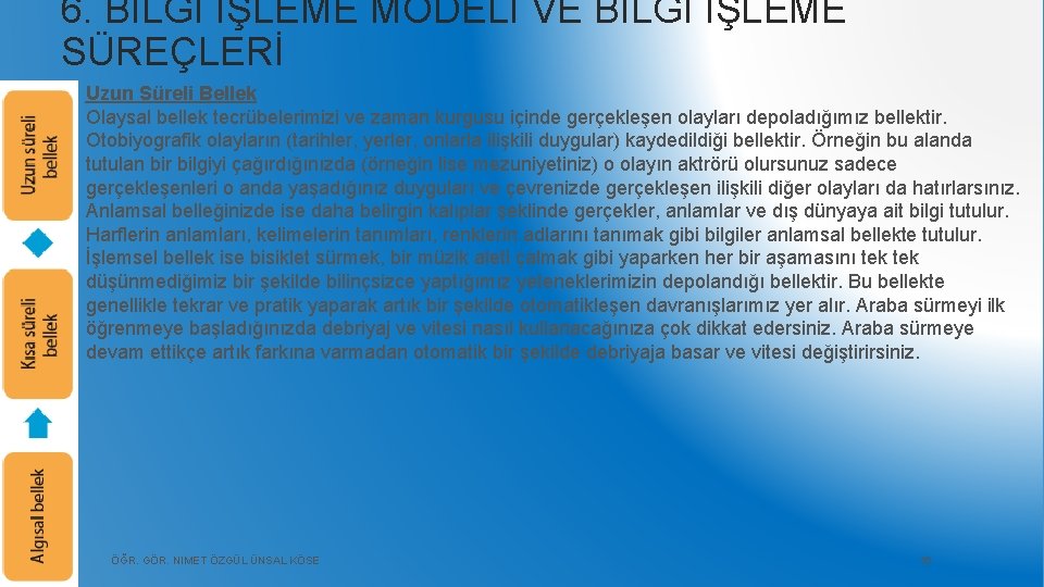 6. BİLGİ İŞLEME MODELİ VE BİLGİ İŞLEME SÜREÇLERİ Uzun Süreli Bellek Olaysal bellek tecrübelerimizi