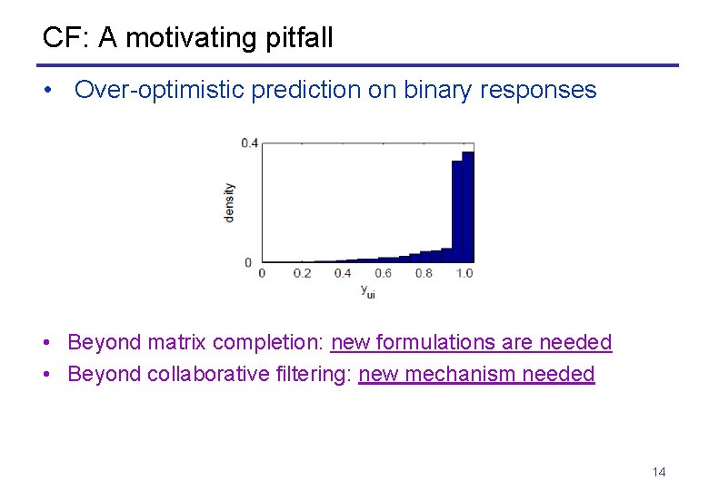 CF: A motivating pitfall • Over-optimistic prediction on binary responses • Beyond matrix completion: