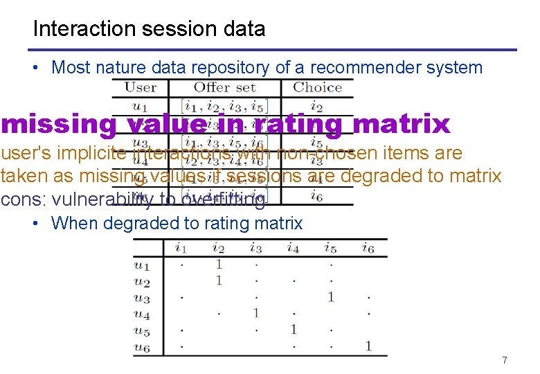 Interaction session data • Most nature data repository of a recommender system missing value
