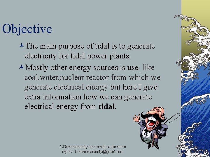 Objective ©The main purpose of tidal is to generate electricity for tidal power plants.