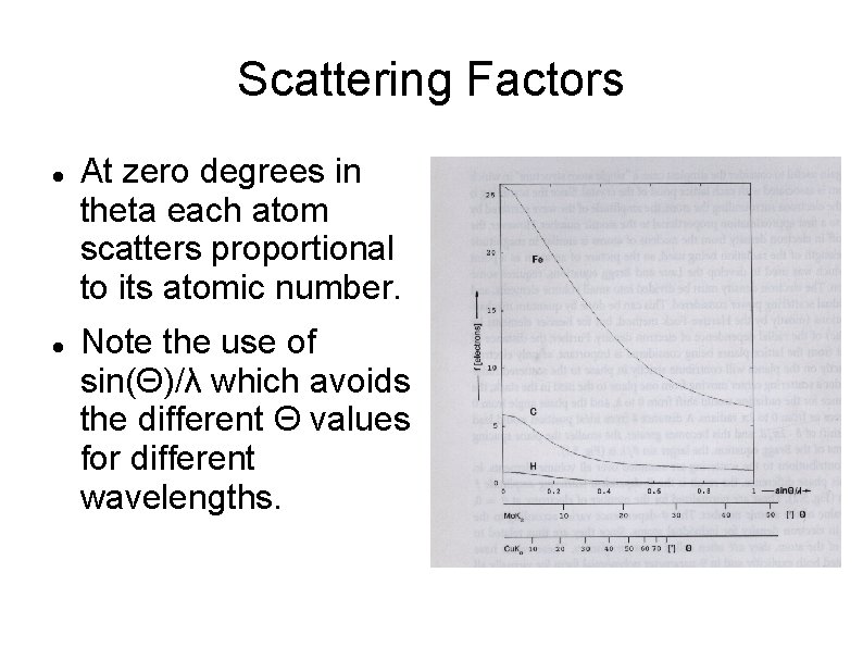 Scattering Factors At zero degrees in theta each atom scatters proportional to its atomic