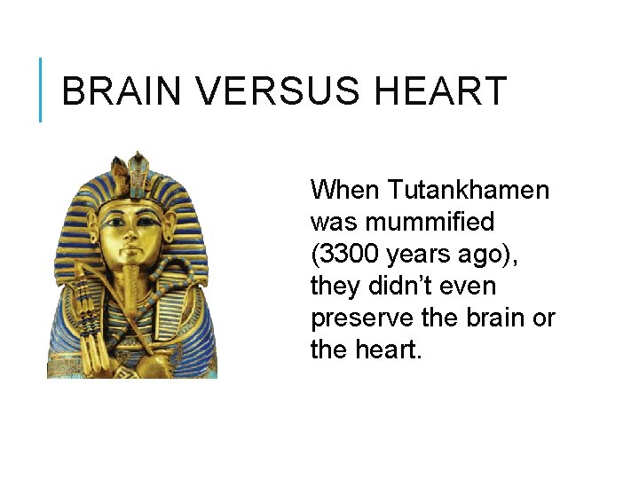 BRAIN VERSUS HEART When Tutankhamen was mummified (3300 years ago), they didn’t even preserve