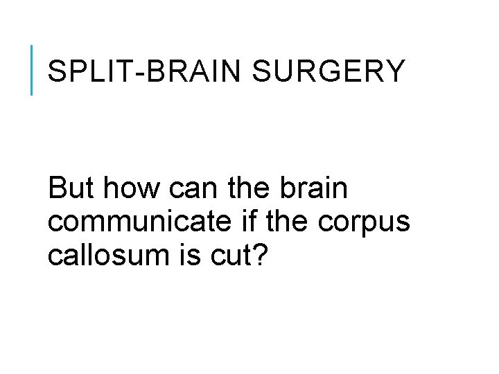 SPLIT-BRAIN SURGERY But how can the brain communicate if the corpus callosum is cut?