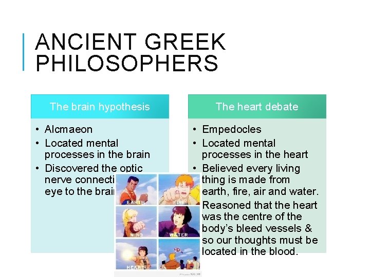ANCIENT GREEK PHILOSOPHERS The brain hypothesis • Alcmaeon • Located mental processes in the