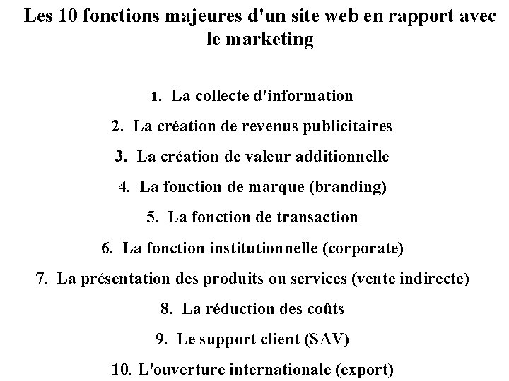 Les 10 fonctions majeures d'un site web en rapport avec le marketing 1. La