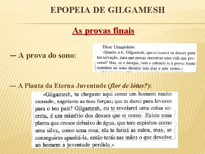 EPOPEIA DE GILGAMESH As provas finais ― A prova do sono: ― A Planta