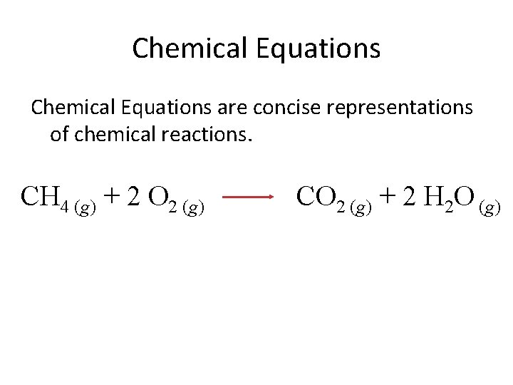 Chemical Equations are concise representations of chemical reactions. CH 4 (g) + 2 O