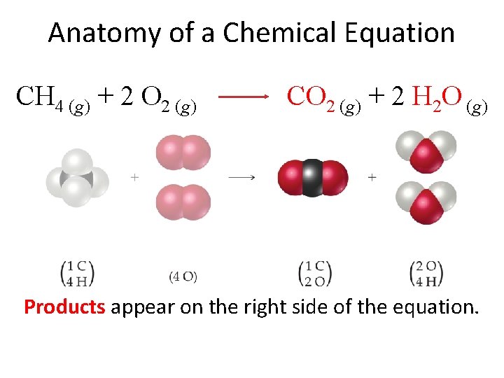 Anatomy of a Chemical Equation CH 4 (g) + 2 O 2 (g) CO