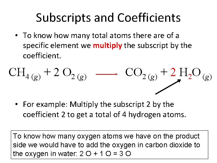 Subscripts and Coefficients • To know how many total atoms there are of a