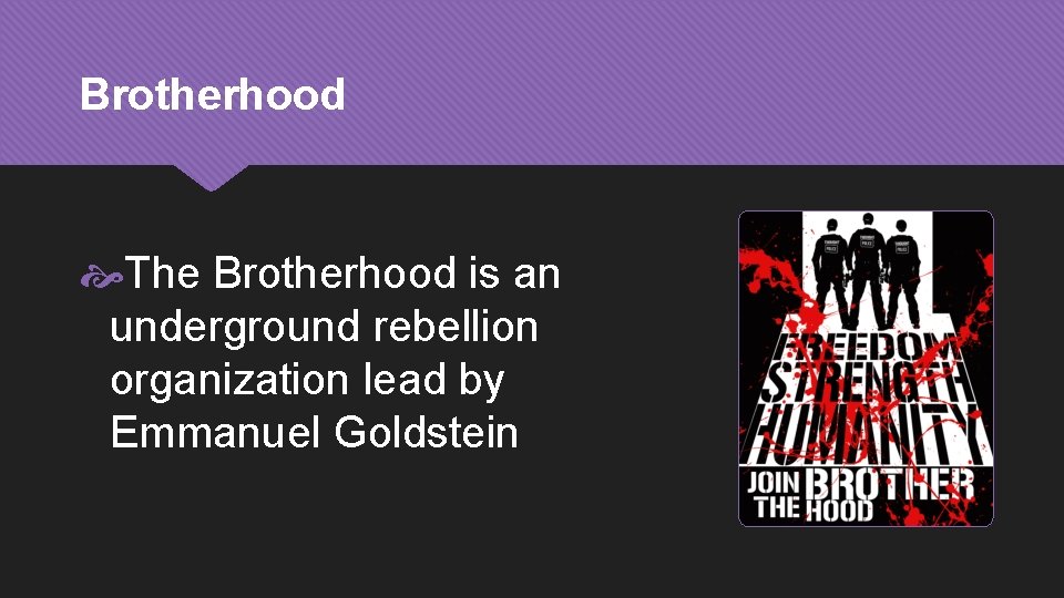 Brotherhood The Brotherhood is an underground rebellion organization lead by Emmanuel Goldstein 