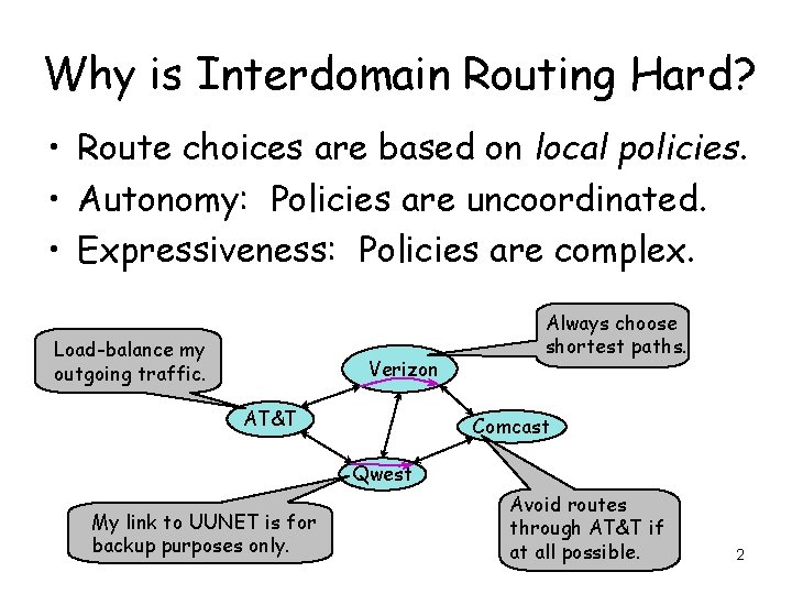 Why is Interdomain Routing Hard? • Route choices are based on local policies. •