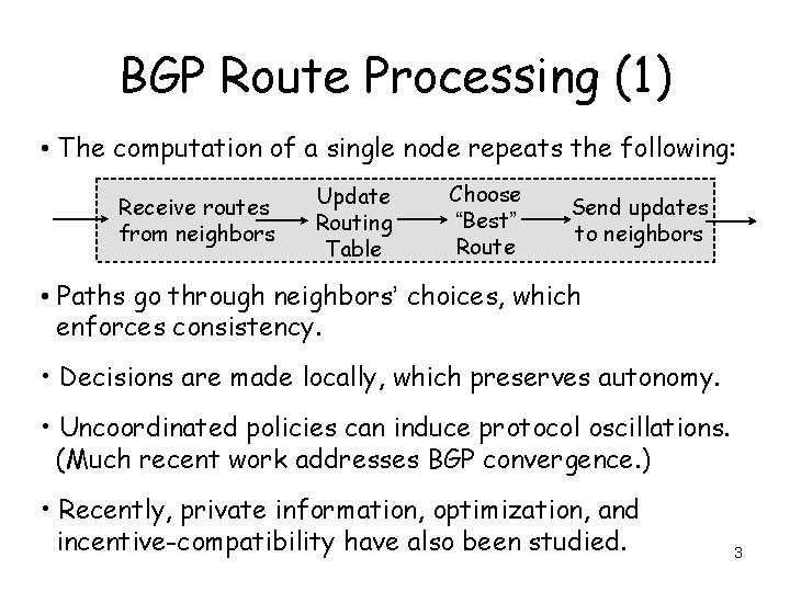 BGP Route Processing (1) • The computation of a single node repeats the following: