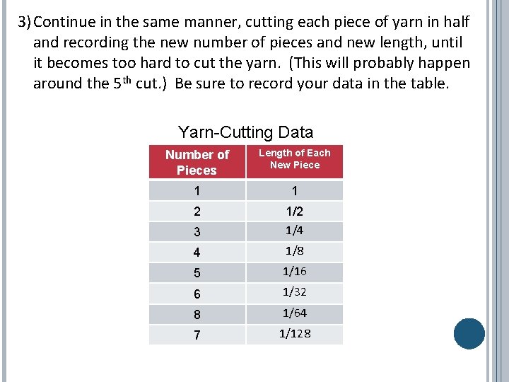 3)Continue in the same manner, cutting each piece of yarn in half and recording